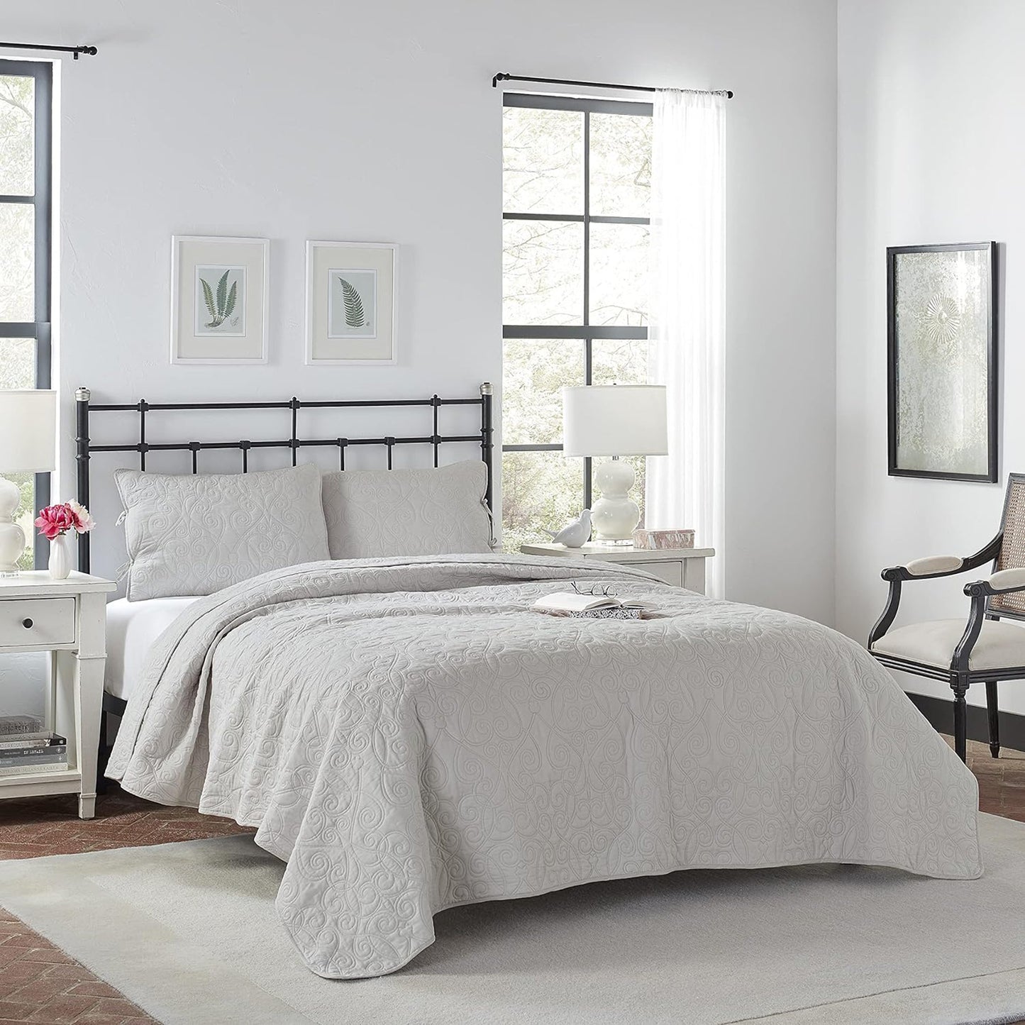 100% Cotton, Reversible All Season Bedding Quilt Set - Soft Grey