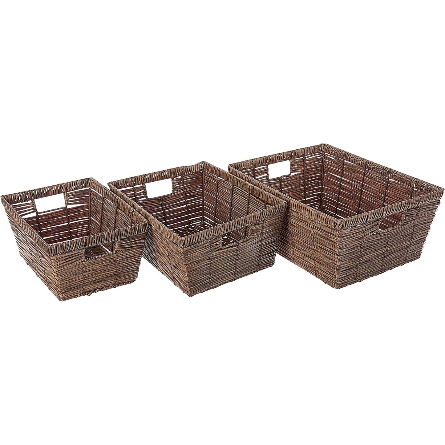Distressed Rattique Durable Storage Baskets with Handles Set of 3 - Brown