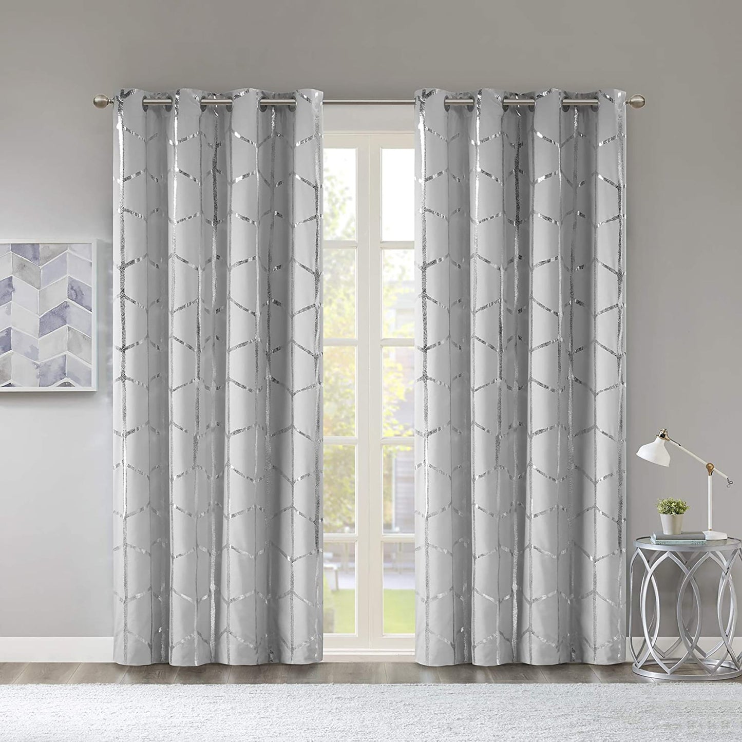 Thermal Insulated Metallic Print Grommet Light Blocking  Curtain Panel 1 Piece - Grey and Silver