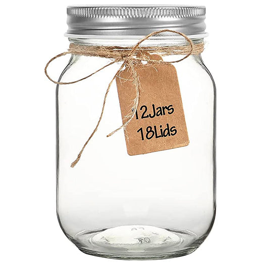 Mason Jars with 18 Regular Lids and Bands with 12 Labels Included 12 Pack - 16 oz