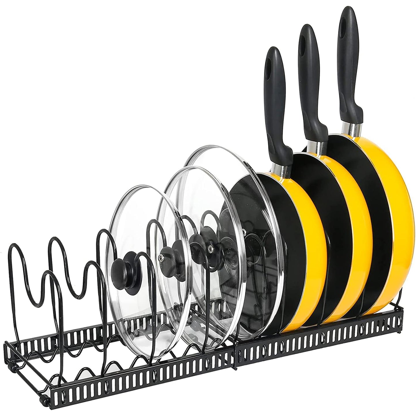 Expandable Pot and Pan Organizer Rack for Cabinet with 10 Adjustable Compartments - Black