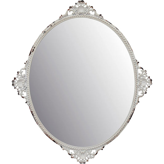 Decorative Vintage Oval Antique White Metal Wall Mirror for Table Top or Wall Hanging Display
