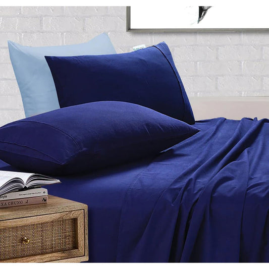 100% Cotton Vintage Washed Bed Sheet Set - Navy Blue