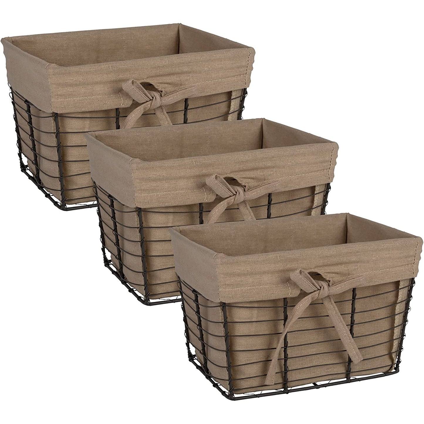 3Pcs Small Vintage Farmhouse Chicken Wire Storage Baskets with Liner 9x7x6 Inches - Taupe