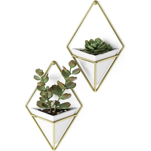 Hanging Planter Vase and Geometric Wall Decor Container Small - White Brass