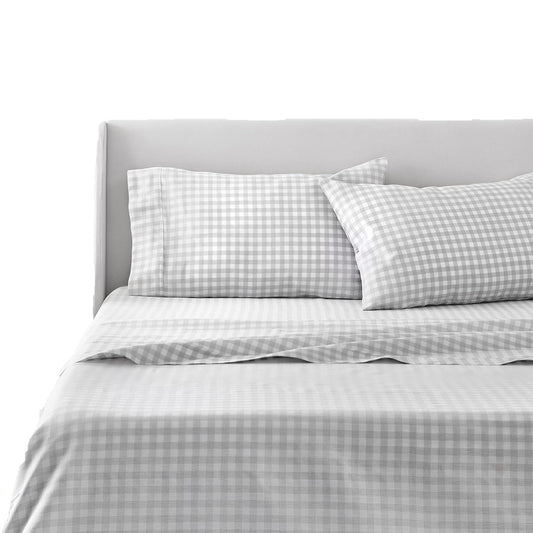 100% Cotton Soft and Durable Sateen Bed Sheet Set - Gingham Light Grey
