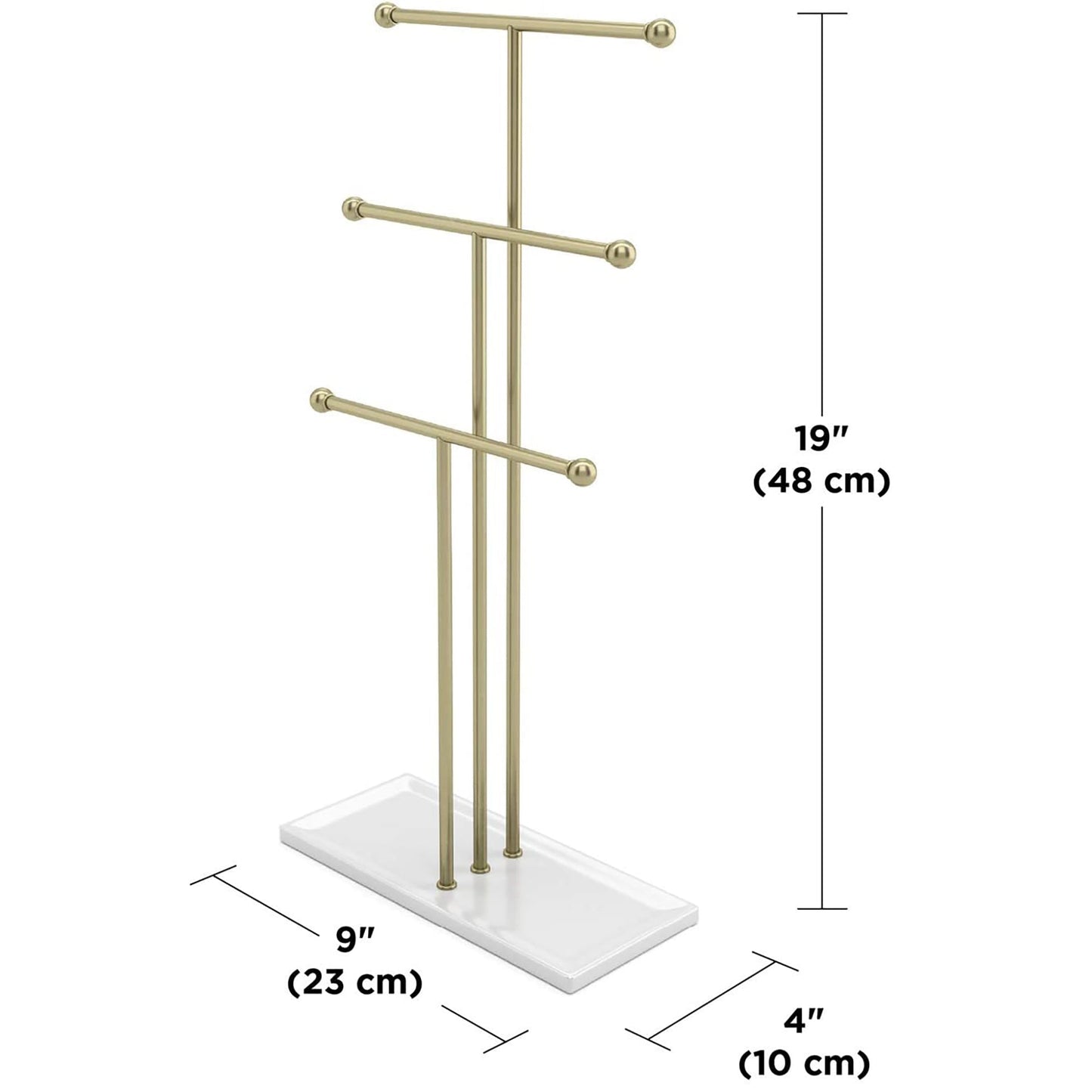 3 Tier Table Top Necklace Hanging Organizer Holder with Jewelry Tray Base - White