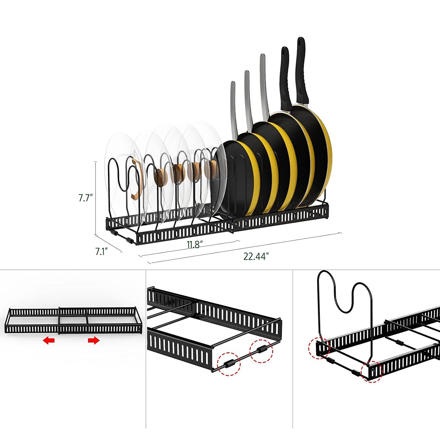 Expandable Pot and Pan Organizer Rack for Cabinet with 10 Adjustable Compartments - Black