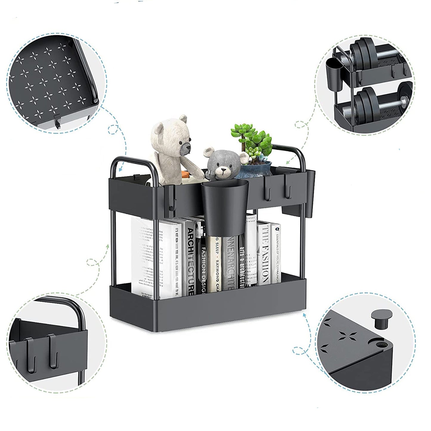 2 Tier Rack Shelf Storage Organizer with 4 Hooks 2 Hanging Cups - Black