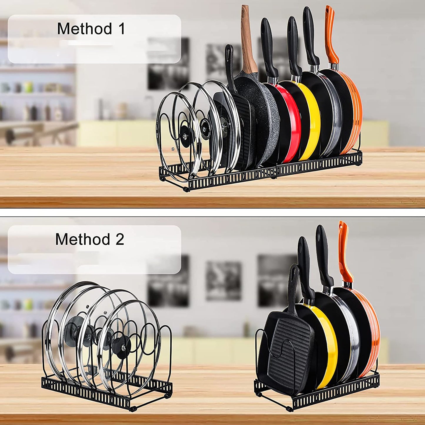 Expandable Pan Organizer Rack with 10 Adjustable Compartments Cookware Holder - Black