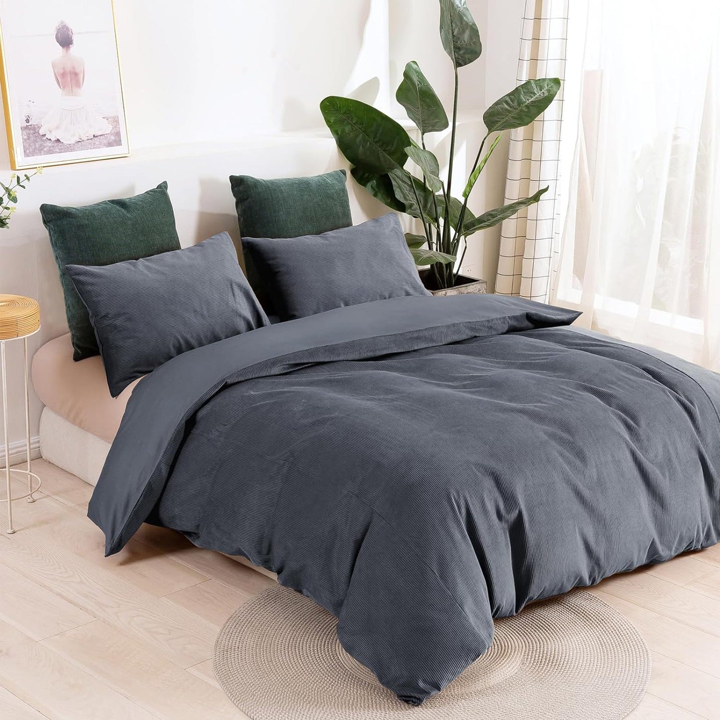 100% Soft Comfortable Cotton Corduroy Durable Doona Quilt Cover Set - Charcoal
