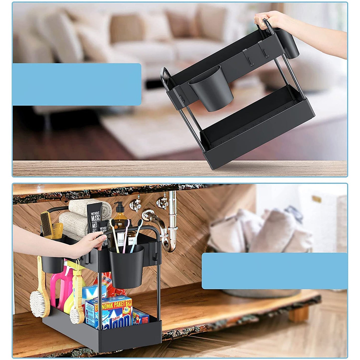 2 Tier Rack Shelf Storage Organizer with 4 Hooks 2 Hanging Cups - Black