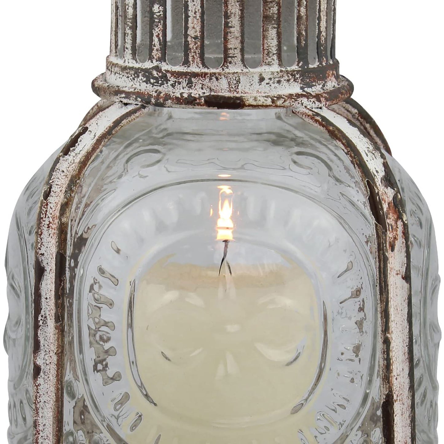 Antique White Metal Votive Candle Lantern with Handle - Worn White