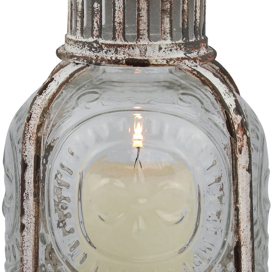 Antique White Metal Votive Candle Lantern with Handle - Worn White