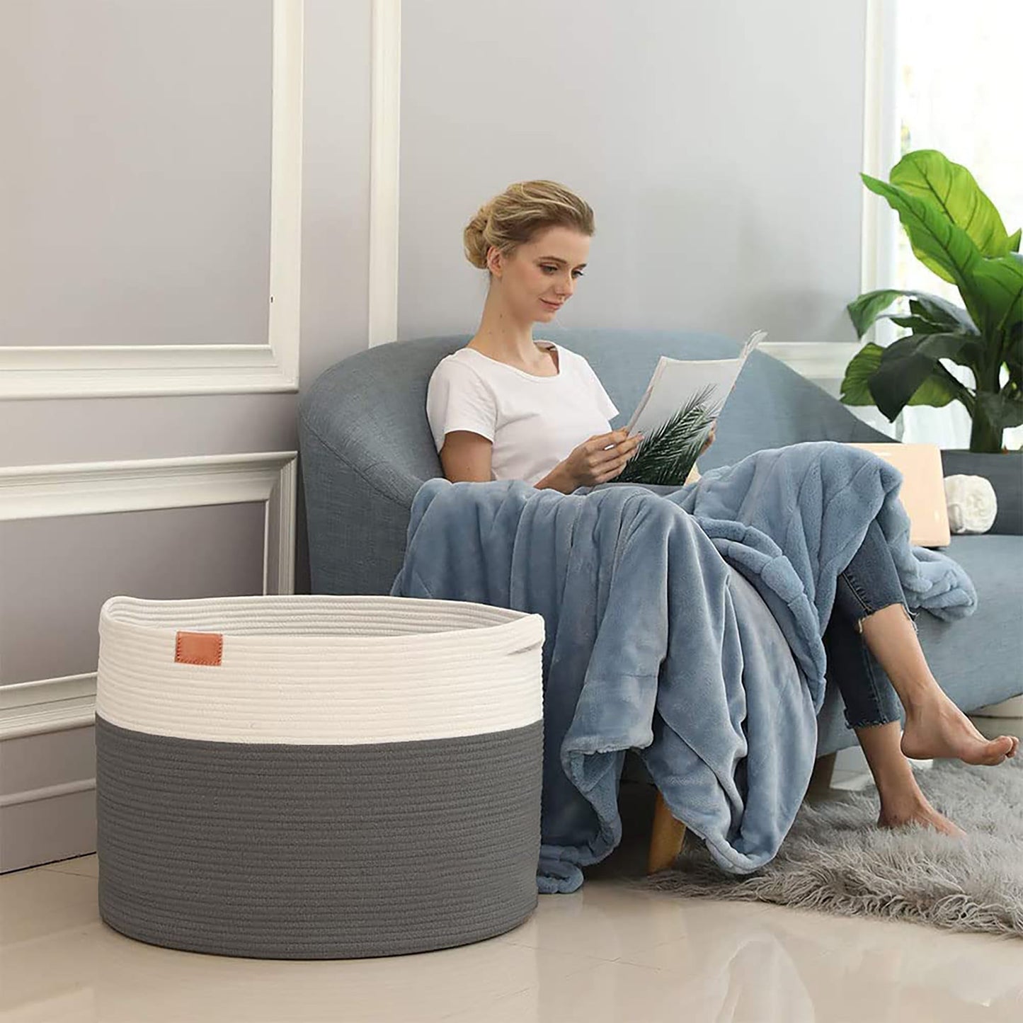 Extra Large Rope Woven Baskets with Handles for Living Room 22x22x14 - Beige and Grey