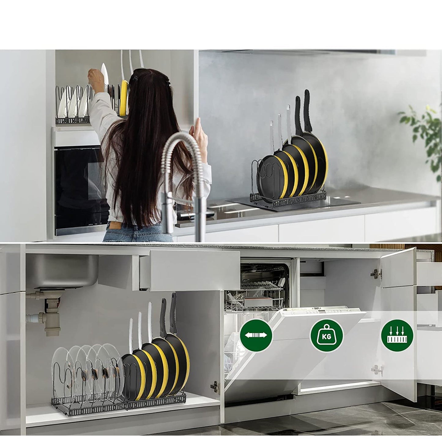 Expandable Pot and Pan Organizer Rack for Cabinet with 10 Adjustable Compartments - Black