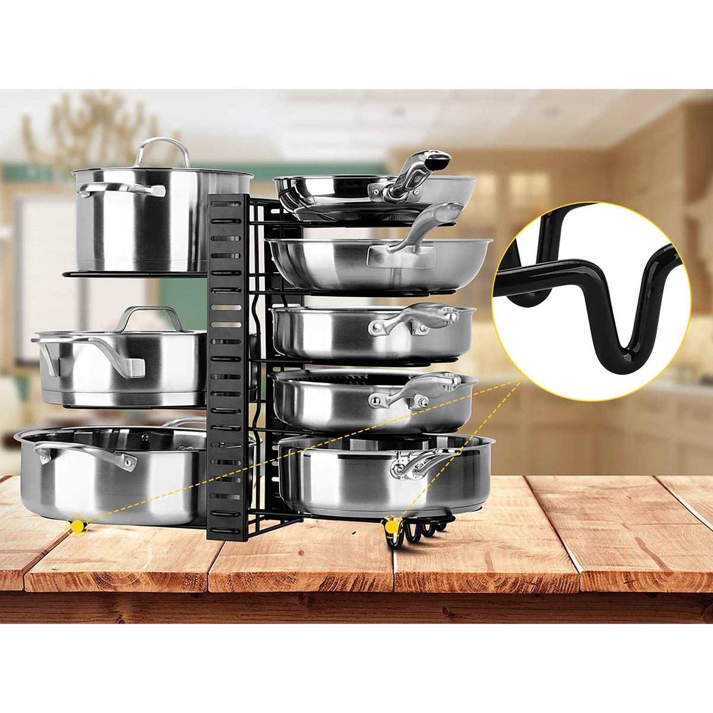 10 Adjustable Pots and Pans Organizer Rack with 3 DIY Methods for Kitchen Cabinet - Black