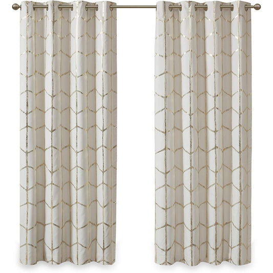 Thermal Insulated Metallic Print Grommet Light Blocking  Curtain Panel 1 Piece - Ivory and Gold