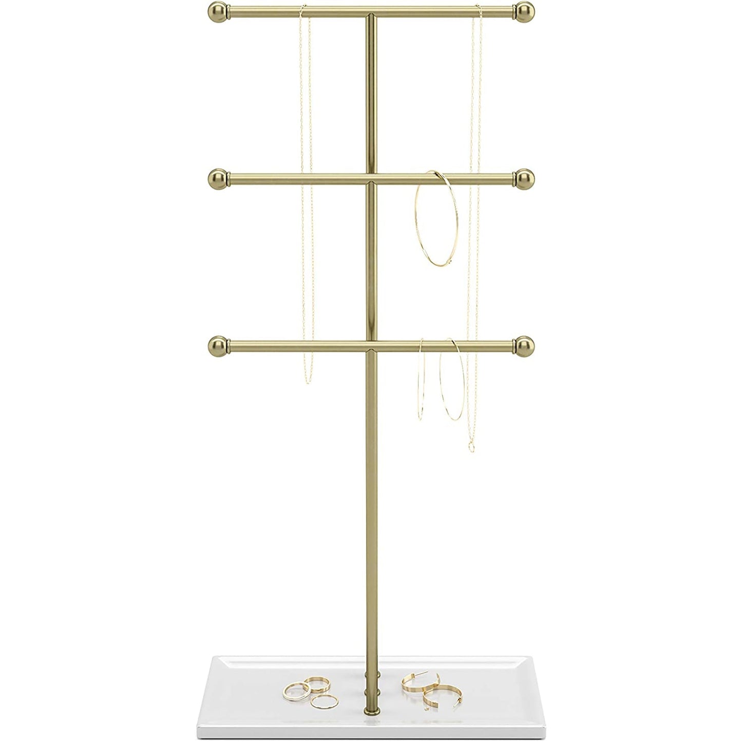 3 Tier Table Top Necklace Hanging Organizer Holder with Jewelry Tray Base - White