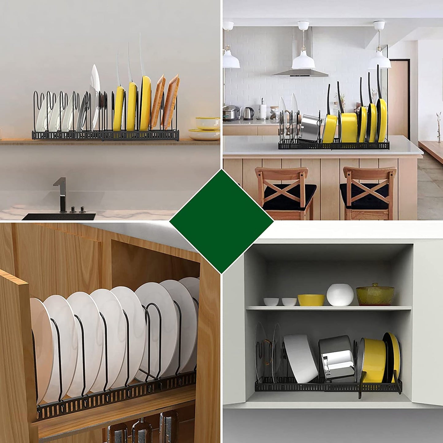 Expandable Pot and Pan Organizer Rack for Cabinet with 10 Adjustable Compartments - Black